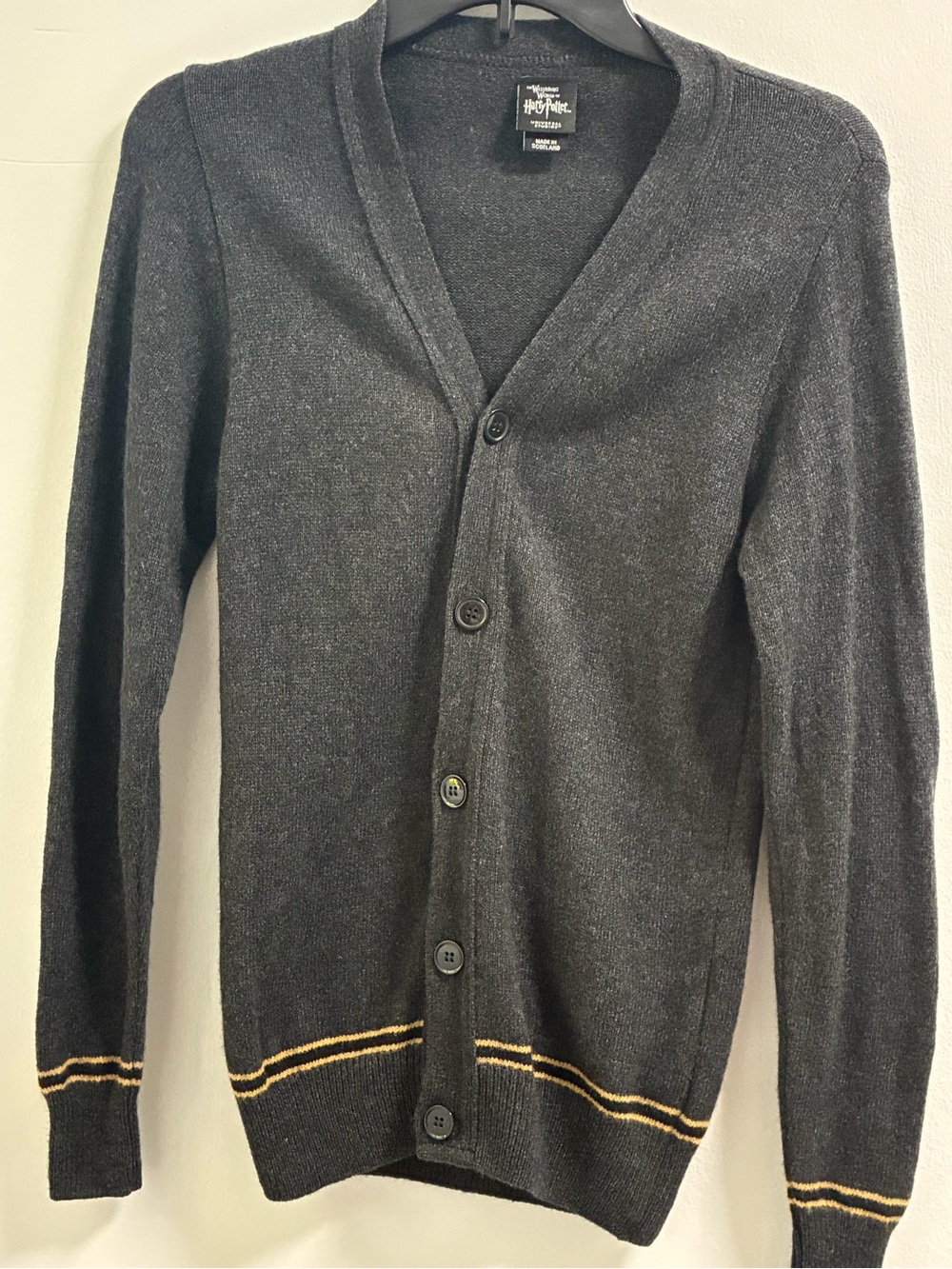 Harry Potter Charcoal Button Cardigan with Yellow Trim.